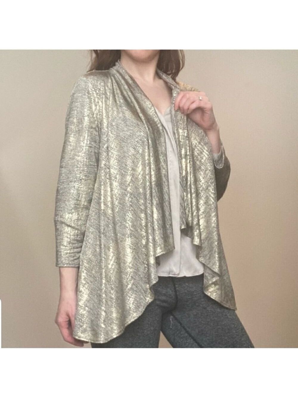 Chico's Travelers Collection Open Waterfall Front Wrap Shiny Gold Size Large 16